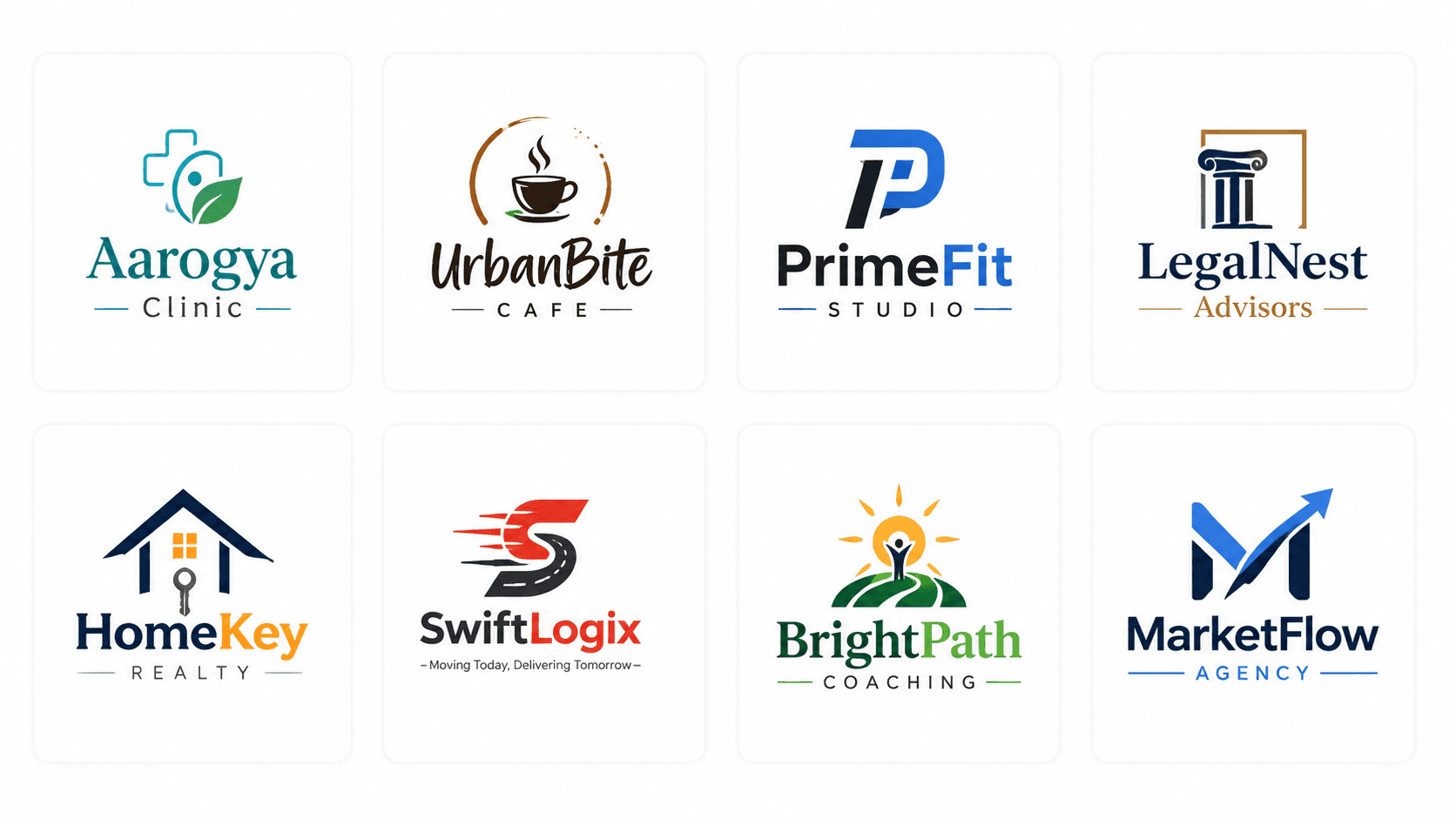 Ascalify client logos including Aarogya Clinic, UrbanBite Cafe, PrimeFit Studio, LegalNest Advisors, HomeKey Realty, SwiftLogix, BrightPath Coaching, and MarketFlow Agency