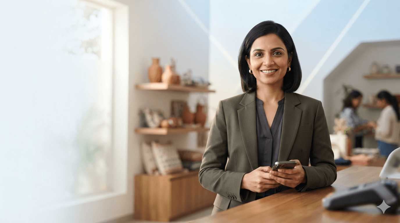 Indian business owner using a phone in a modern retail shop
